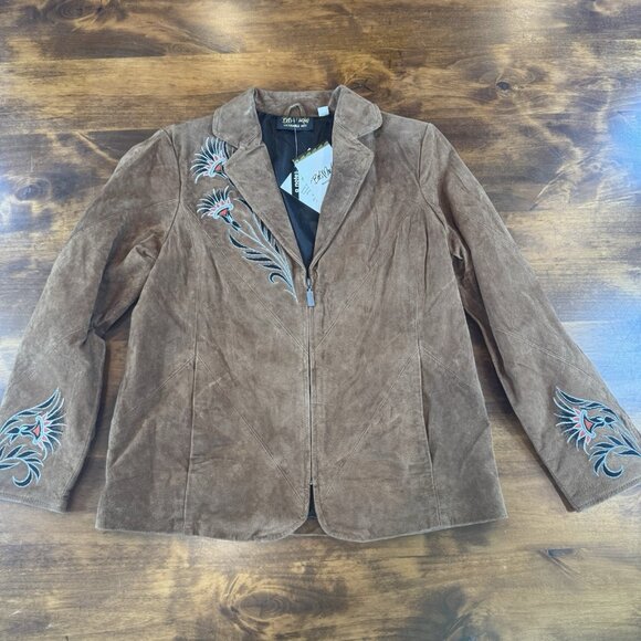 Bob Mackie Jackets & Blazers - Vtg Bob Mackie Brown Leather Jacket Women's M Embroidered Western Bikercore NWT
